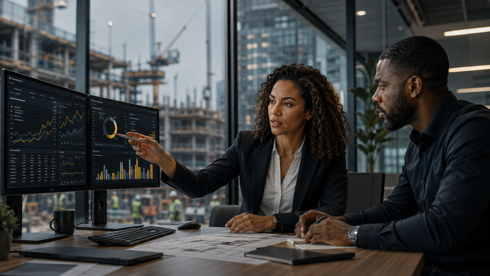Construction financial manager reviewing project cost and forecasting information