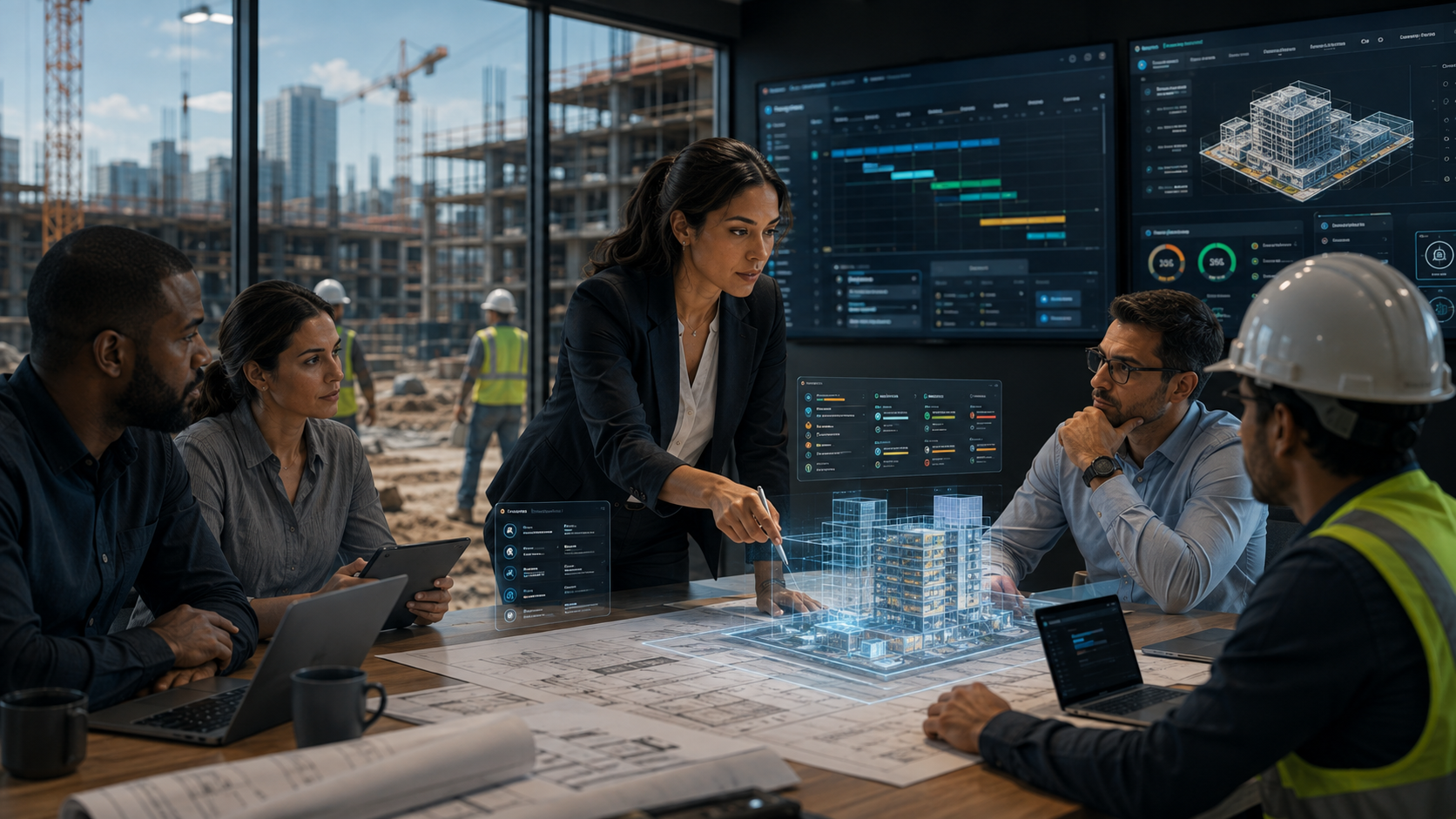 Construction project team coordinating execution through connected digital controls