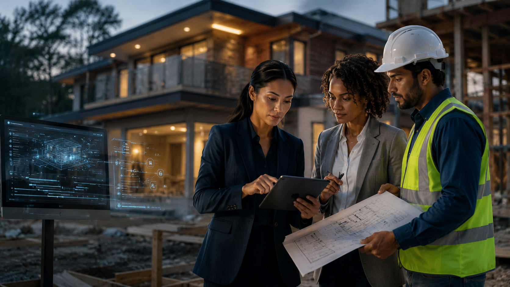 Residential construction team coordinating project information with digital tools