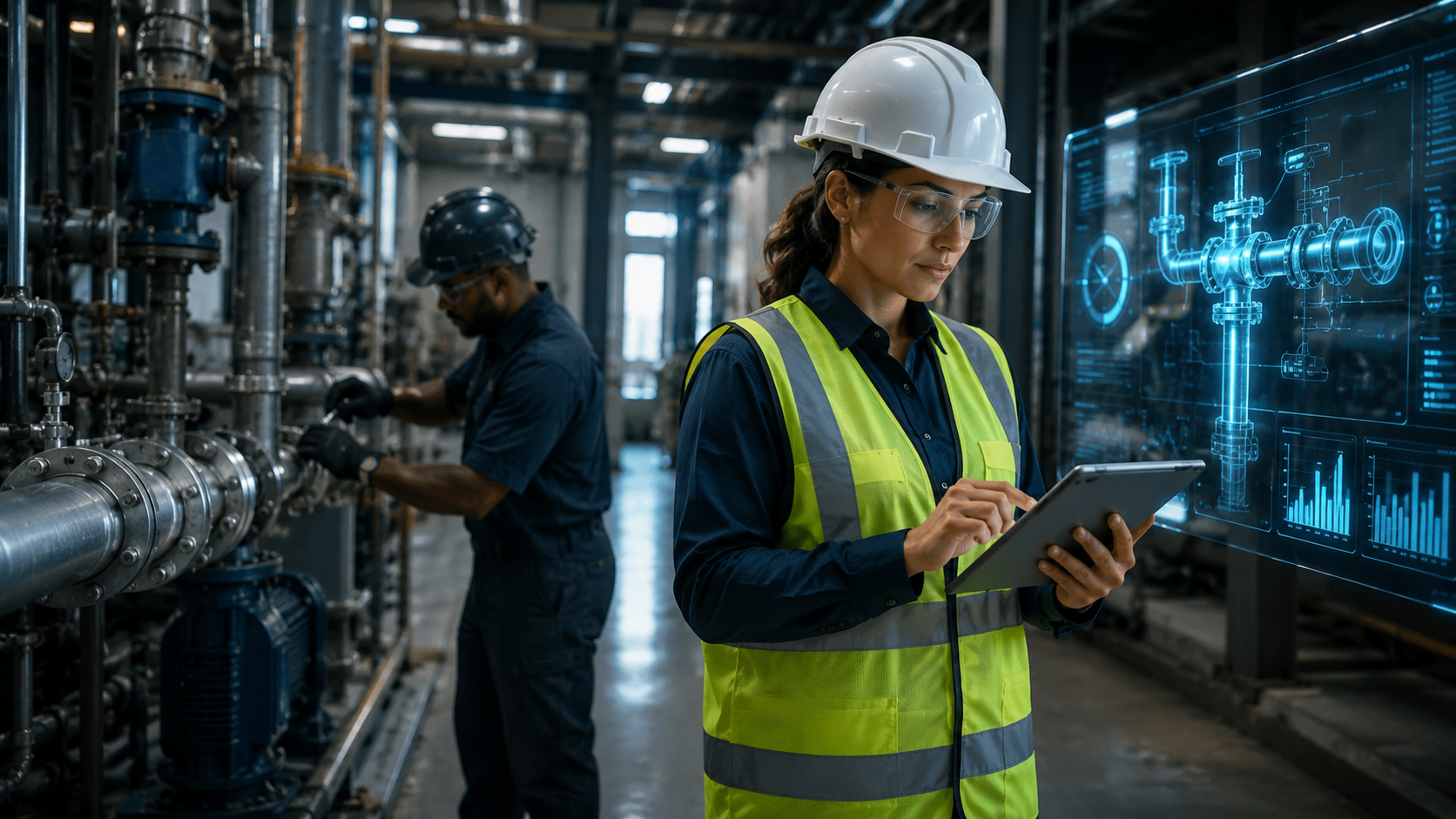 Specialty-trade professionals using construction technology during technical work